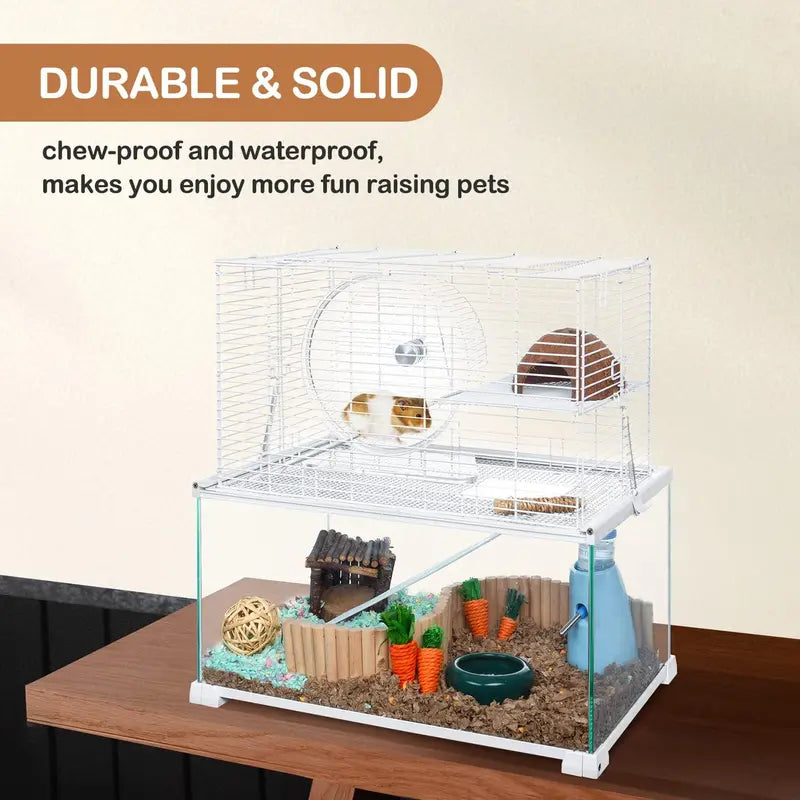 Large 3-Tier Hamster Habitat  Glass Base with Wire Topper, Ramps, Ladders & Waterproof Tray