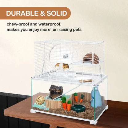 Large 3-Tier Hamster Habitat  Glass Base with Wire Topper, Ramps, Ladders & Waterproof Tray