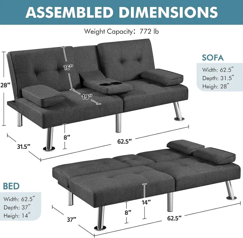 Yaheetech Faux Leather Convertible Sofa Bed  Reversible Loveseat with Removable Arms & 3-Position Recline