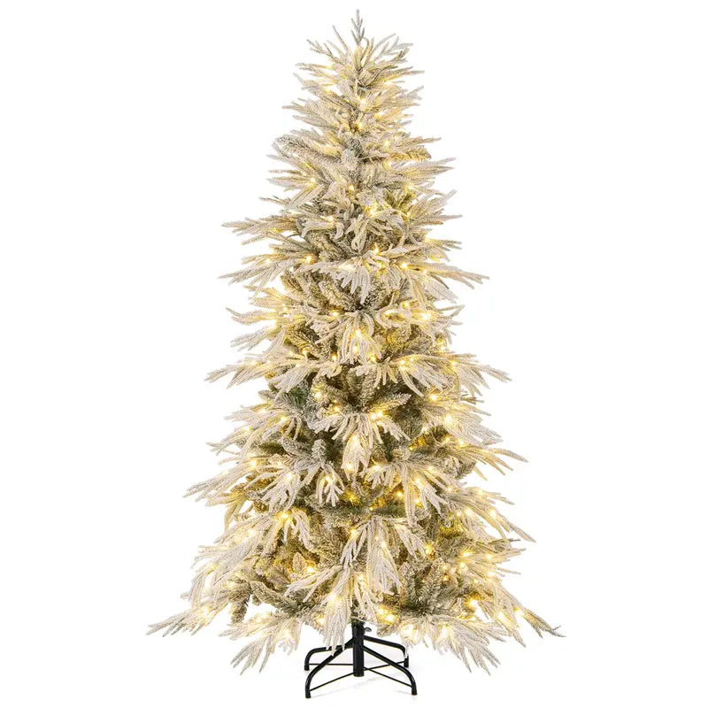 6- to 8-Foot Pre-Lit Snow-Flocked Artificial Christmas Tree Featuring PE and PVC Mixed-Tip Branches