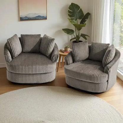 Set of Two Plush Corduroy Swivel Barrel Chairs  43¡å Wide with Decorative Pillows