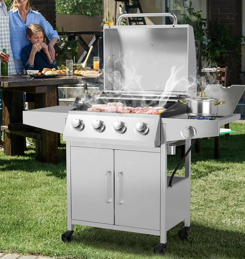 Heavy-Duty Propane BBQ Grill  50,000 BTU, 4 Main Burners + Side Burner, Stainless Steel Construction, Rolling Cart Design