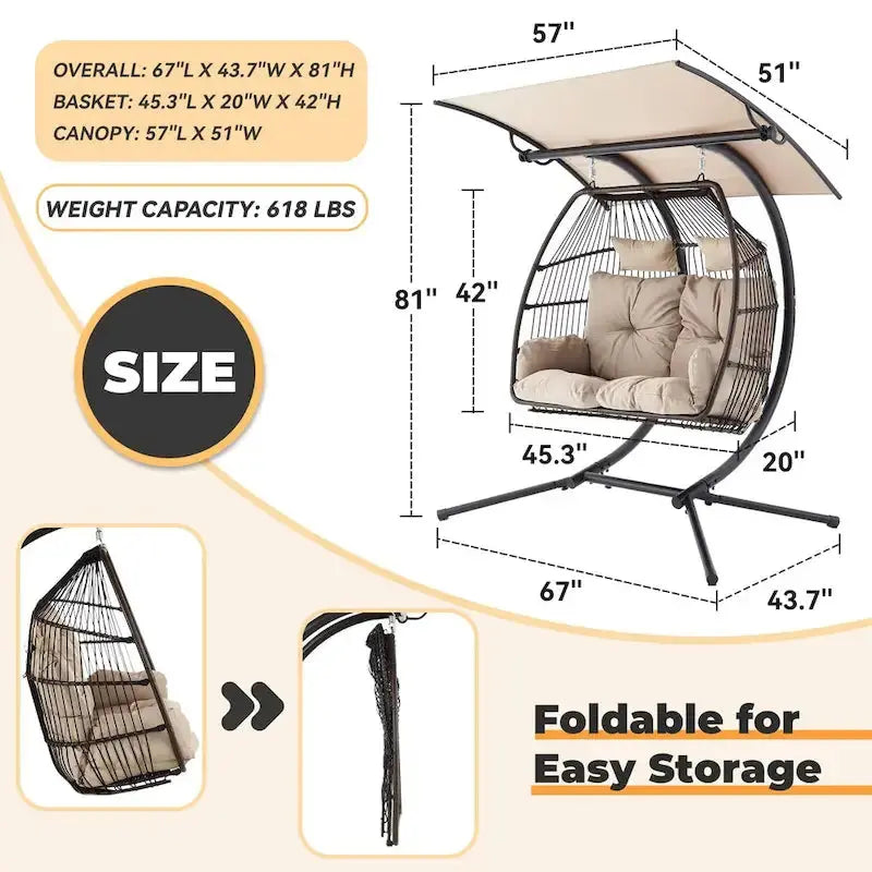 Double Outdoor Swing Loveseat  Foldable Egg Chair with Stand, Awning & Cushions (Beige)
