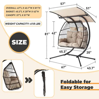Double Outdoor Swing Loveseat  Foldable Egg Chair with Stand, Awning & Cushions (Beige)