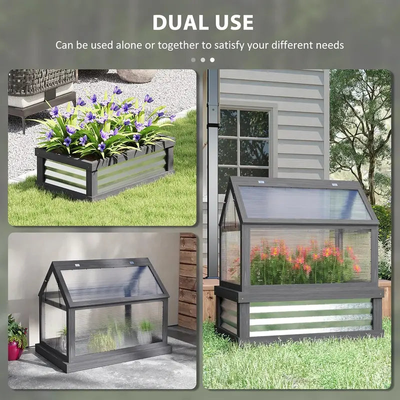Wooden Raised Garden Bed with Polycarbonate Peak-Roof Greenhouse — 35.5″ x 22.5″ x 38.25″, Gray