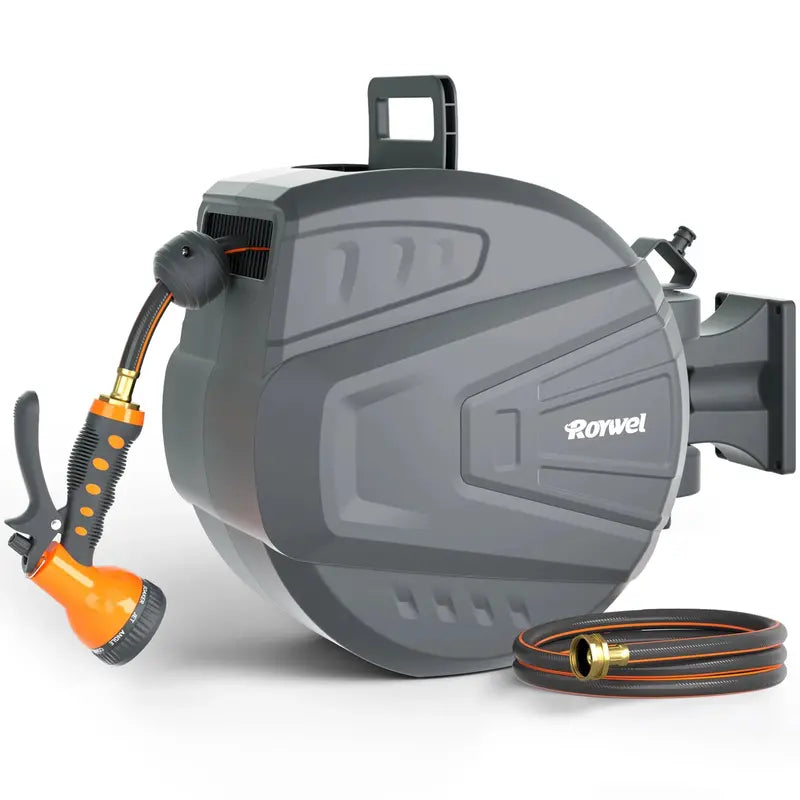 Roywel 65-Foot Retractable Garden Hose Reel with Wall-Mount Bracket