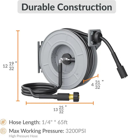 Giraffe Tools Wall-Mounted Pressure Washer Hose Reel  Auto-Rewind, Adjustable Length Lock & Durable Construction