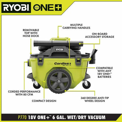 RYOBI ONE+ 18V Cordless 6-Gallon Wet/Dry Vacuum Kit  Includes 4.0 Ah Battery, Charger & Accessories (P770KN)