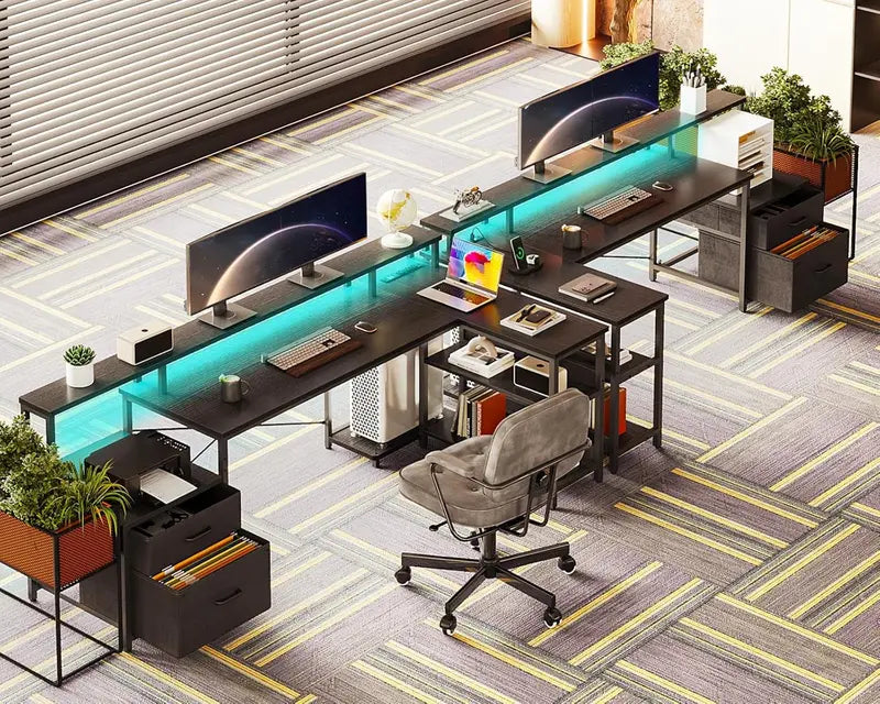 75-Inch Reversible L-Shaped Office Desk  Grey Oak Computer Desk with File Drawer, LED Strip & Monitor Shelf