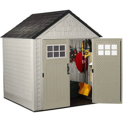 Rubbermaid 7 ft x 7 ft Outdoor Storage Shed  Weather-Resistant Resin Garden Shed with Windows and Utility Hooks (Sand)