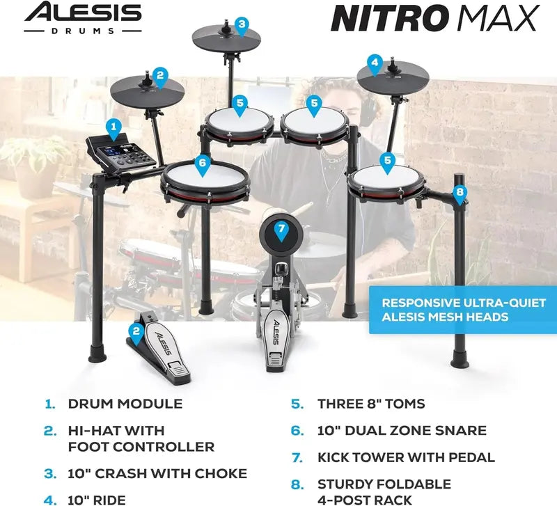 Nitro Max Bluetooth Electric Drum Kit with Mesh Heads and Wireless Connectivity