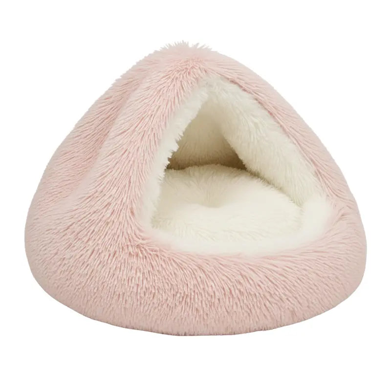Cozy Hooded Round Pet Bed with Plush Faux Fur Cover for Cats and Small Dogs
