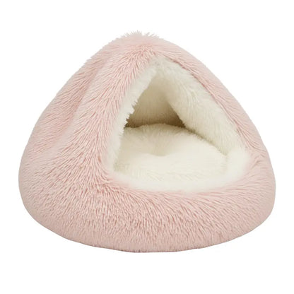 Cozy Hooded Round Pet Bed with Plush Faux Fur Cover for Cats and Small Dogs