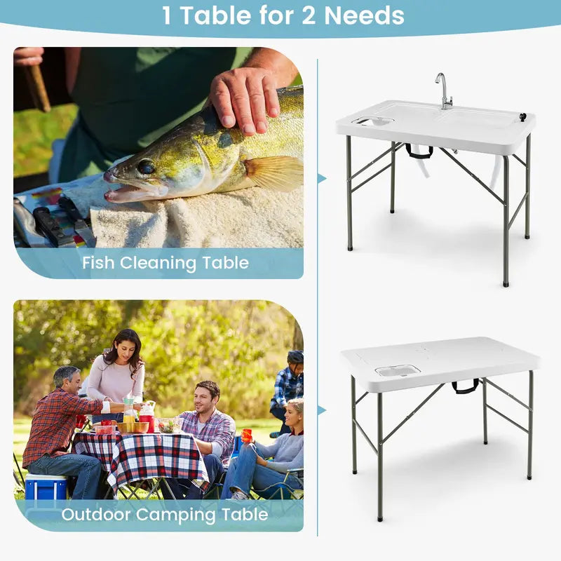 Portable Folding Fish Cleaning Station with Dual Stainless Steel Basins