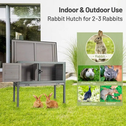Dual-Use Elevated Wooden Hutch for Rabbits  Indoor/Outdoor Design with Slide-Out Tray for Easy Maintenance