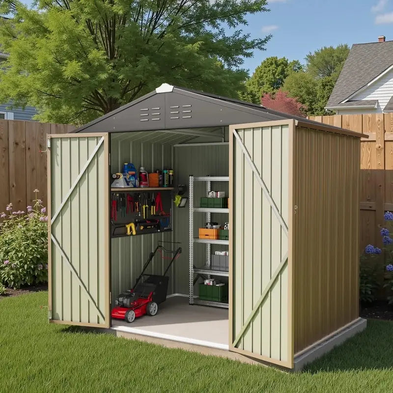 Greesum 6x4ft Lockable Patio Storage Shed  Galvanized Steel Garden Utility Shed