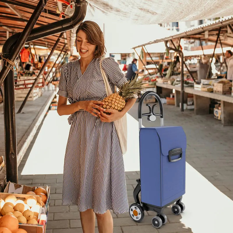 6-Wheel Heavy-Duty Folding Grocery Cart, Expandable Shopping Trolley with Reinforced Frame