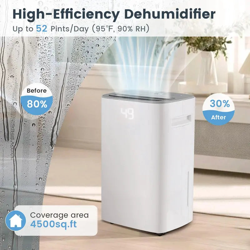 52-Pint Portable Dehumidifier for Basements  Supports 4,500 Sq. Ft with Auto/Manual Drain Options