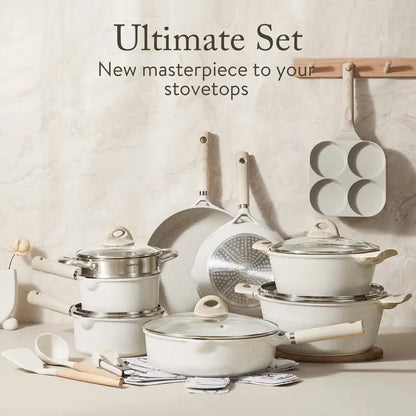 Carote 21-Piece Granite-Coated Cookware Set  Eco-Conscious, Induction-Ready, Beige Finish