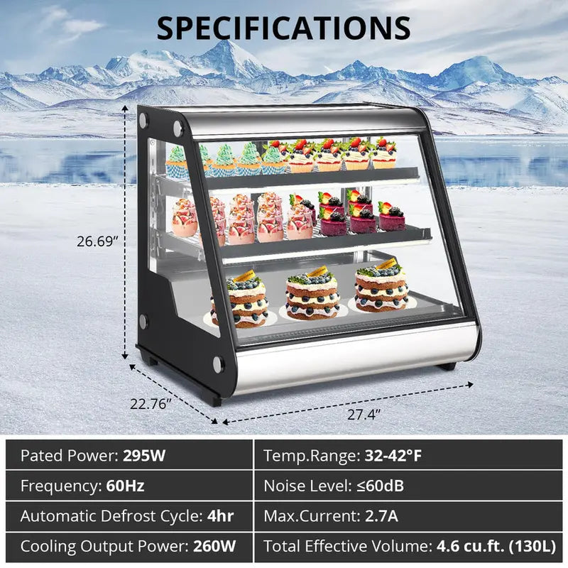 Commercial Countertop Refrigerated Display Case  130L (4.6 Cu. Ft.), Tempered Glass & LED Lighting