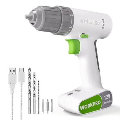 WORKPRO 12V Cordless Drill Driver  3/8″ Keyless Chuck, 18-Torque Settings & 6 Bits