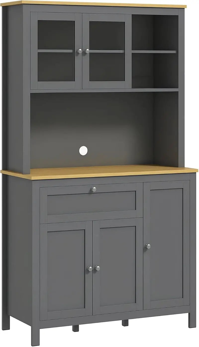 71-Inch Grey Freestanding Pantry Cabinet — Wide Buffet with Countertop, 5 Doors, Drawer, Glass Panel & Cable Management