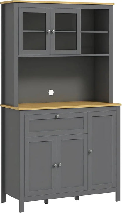71-Inch Grey Freestanding Pantry Cabinet — Wide Buffet with Countertop, 5 Doors, Drawer, Glass Panel & Cable Management
