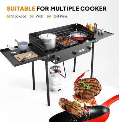 ROVSUN Portable 3-Burner Propane Stove  Compact Cooking Station with Dual Side Shelves