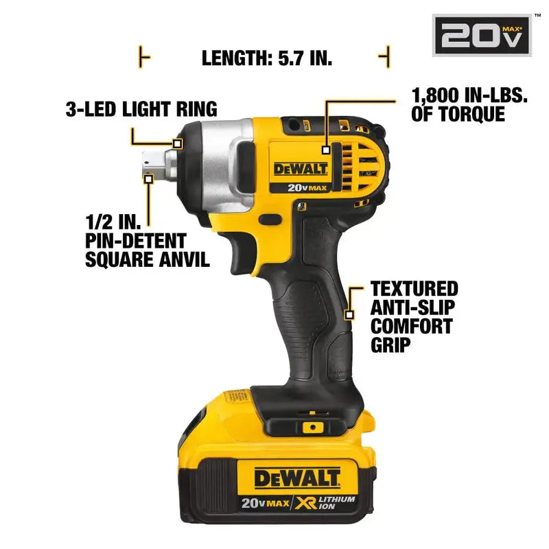 20V MAX Lithium-Ion 1/2″ Impact Wrench Kit  Includes Detent Pin for Secure Socket Retention