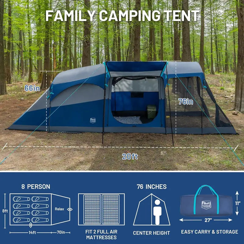 TIMBER RIDGE 8-Person Waterproof Double-Layer Tunnel Camping Tent for Families