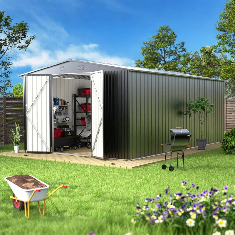 14x12ft Waterproof Steel Storage Shed  Heavy-Duty Utility & Garden Tool Shelter