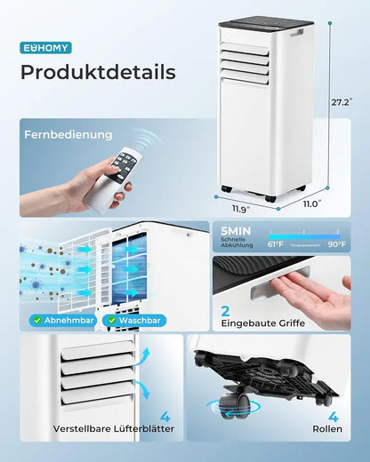 7000 BTU 4-in-1 Portable Air Conditioner  Mobile Unit with Exhaust Hose, Digital Control, Remote, Timer, and Window Kit for Up to 20 m²