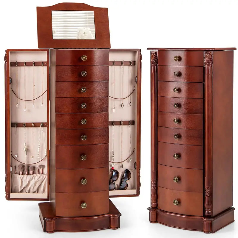 Freestanding Dark Walnut Jewelry Armoire with Curved Front & Organized Interior