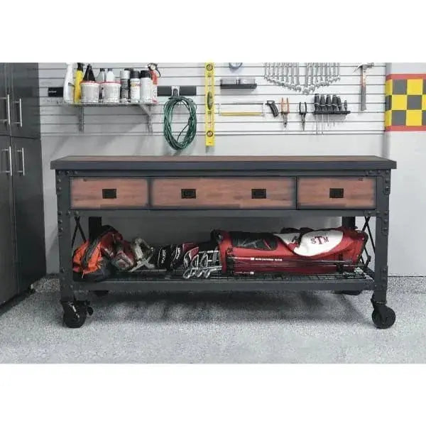 Building Products 72-Inch Rolling Industrial Workbench  3-Drawer Steel Base with Solid Wood Top
