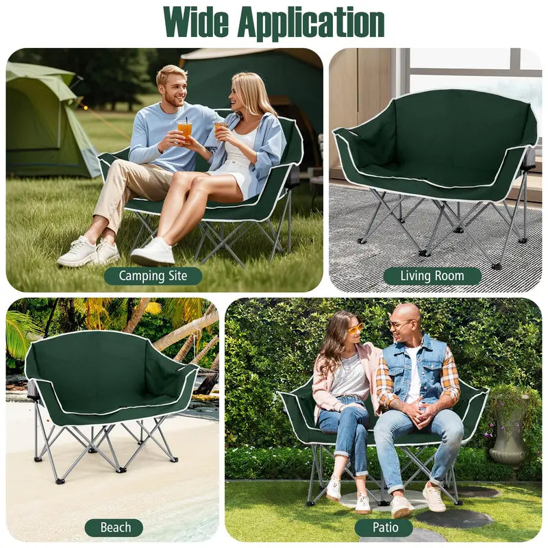 Dual-Seat Folding Outdoor Couch with Cup Holders and Back Pockets