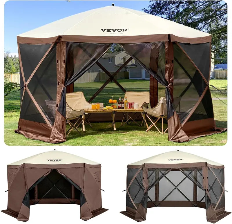 12′ x 12′ Hexagonal Camping Awning Tent — IPX3 Waterproof, Mesh Ventilation, Portable Storage Bag