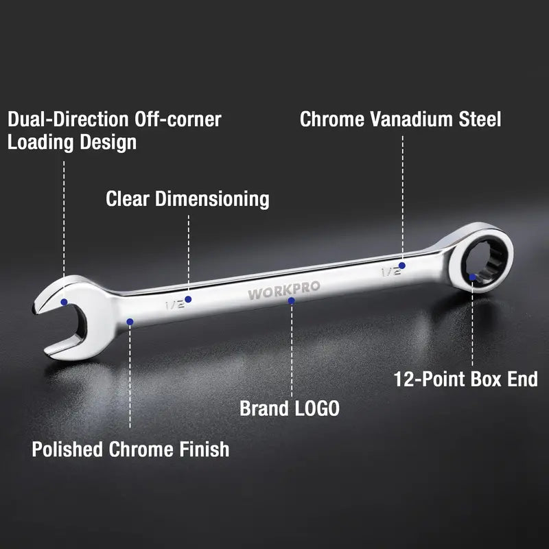 WORKPRO Multi-Size Ratcheting Wrench Set  SAE & Metric, Chrome Vanadium Construction