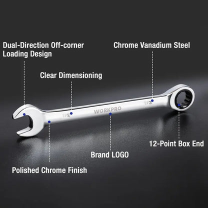 WORKPRO Multi-Size Ratcheting Wrench Set  SAE & Metric, Chrome Vanadium Construction