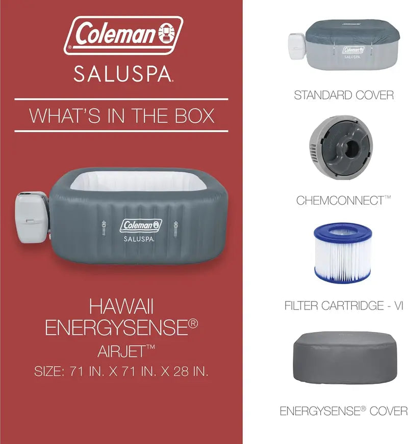 Coleman SaluSpa Atlantis Square Inflatable Hot Tub  46 Person, 140 AirJets, Insulated Cover, Portable Spa Experience