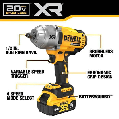 DEWALT 20V MAX XR 1/2″ Cordless Impact Wrench Kit, High Torque, LED Light, Battery Included