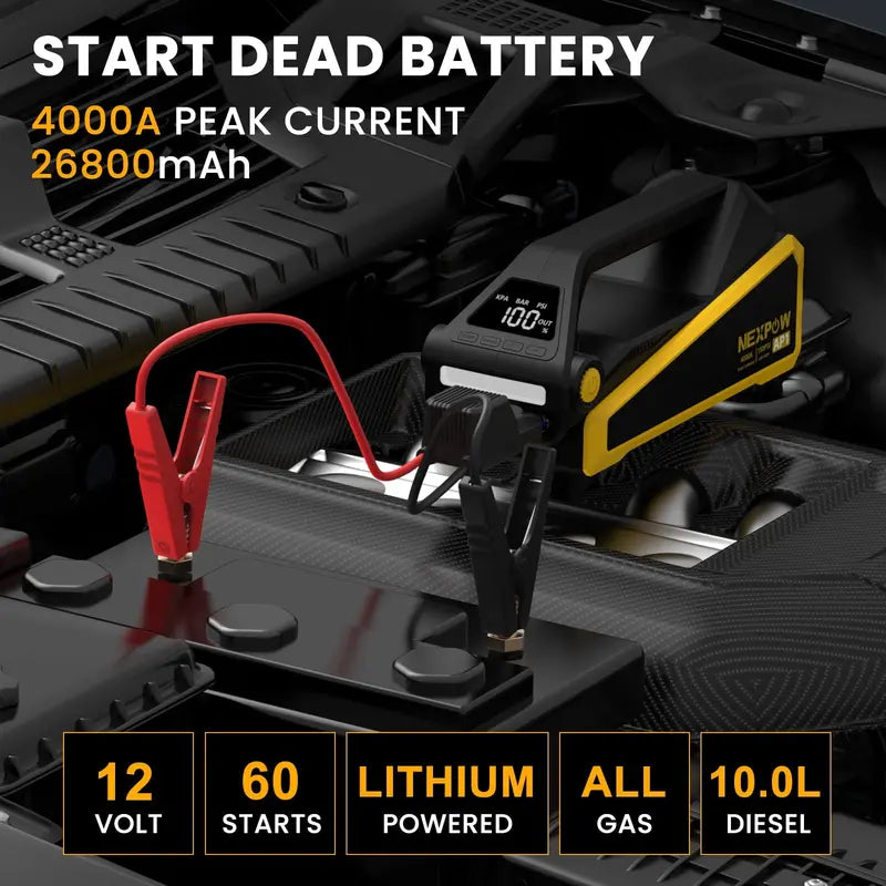 NEXPOW 4000A Jump Starter & 150 PSI Digital Tire Inflator for Gas/10L Diesel Vehicles