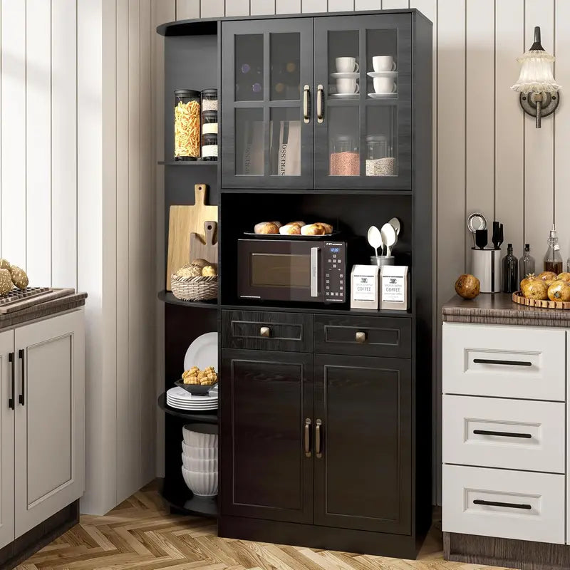 71″ Tall Kitchen Hutch Cabinet  Glass-Front Pantry Storage Unit with Open Shelving & Display Space
