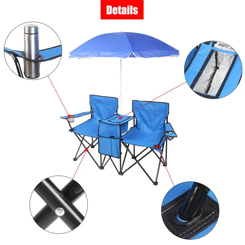 Arttoreal Double Beach Chair with Removable Umbrella Canopy,Portable Folding Beach Chair for Oudoor,Camping and Picnic,Blue
