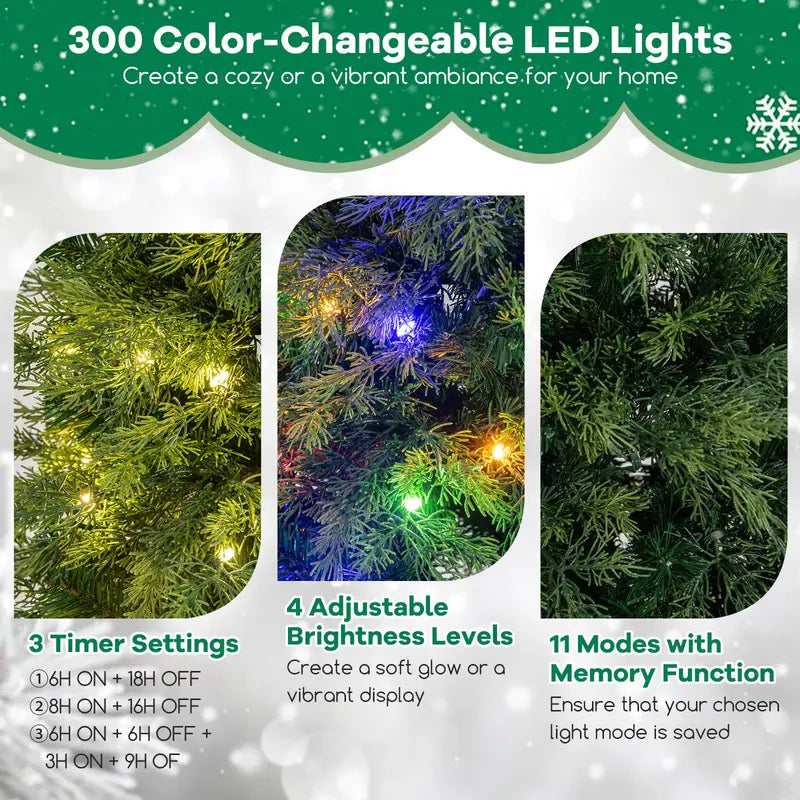 6-Foot Pre-Lit Artificial Christmas Tree Featuring 300 Dual-Color LEDs, 11 Lighting Modes & Remote Control