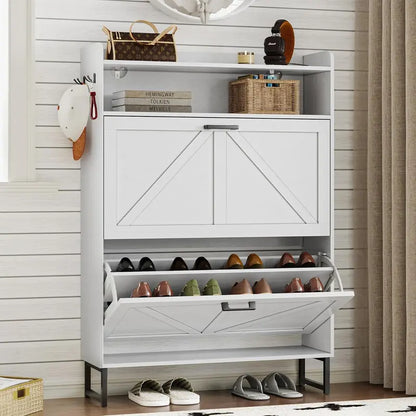 Minimalist Wooden Shoe Storage Cabinet with 2 Flip Drawers and Slim Profile