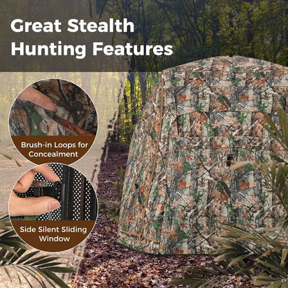 Camouflage Hunting Blind Tent  One-Way Visibility & 360° Panoramic Viewing