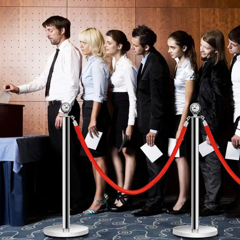 6-Piece Stainless Steel Queue Management Set  Polished Round-Top Stanchions with Retractable Belts