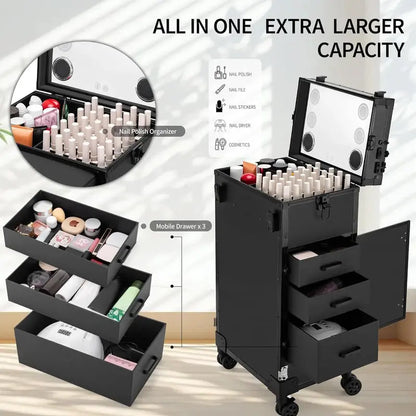 Rolling Manicure Station  LED Mirror, Built-in Bluetooth Speaker, Secure TSA Lock, and Storage Drawers