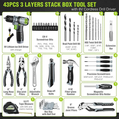 WORKPRO 43-Piece 8V Cordless Drill Driver Kit with Stackable Pink Tool Storage Box