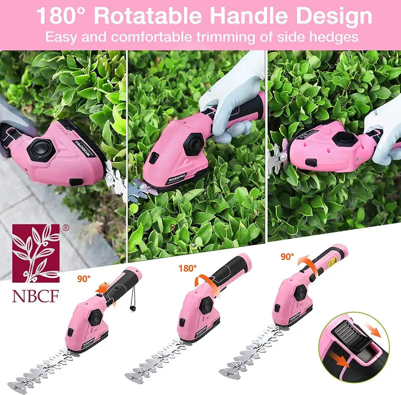 WORKPRO 7.2V Cordless 2-in-1 Hedge & Grass Trimmer  Handheld Electric Trim Tool with Pink Ribbon Design